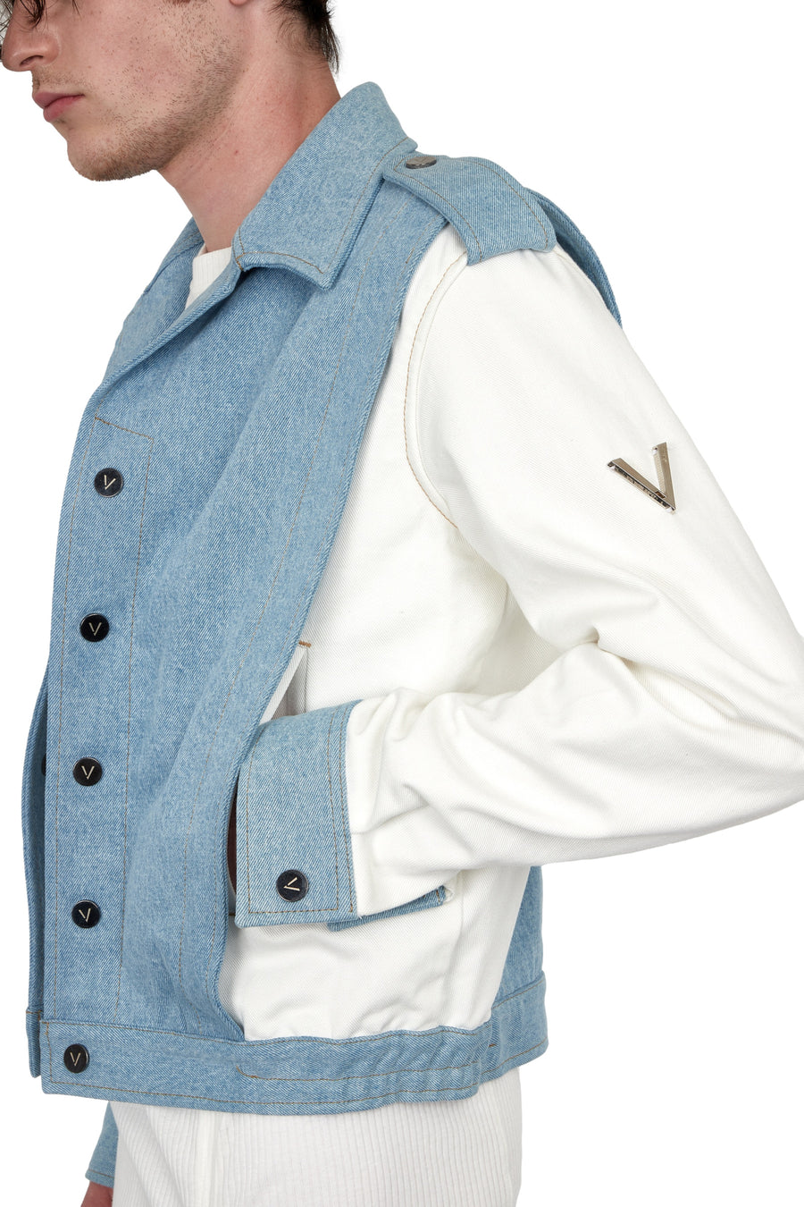 Two-tone white and light blue denim bombers